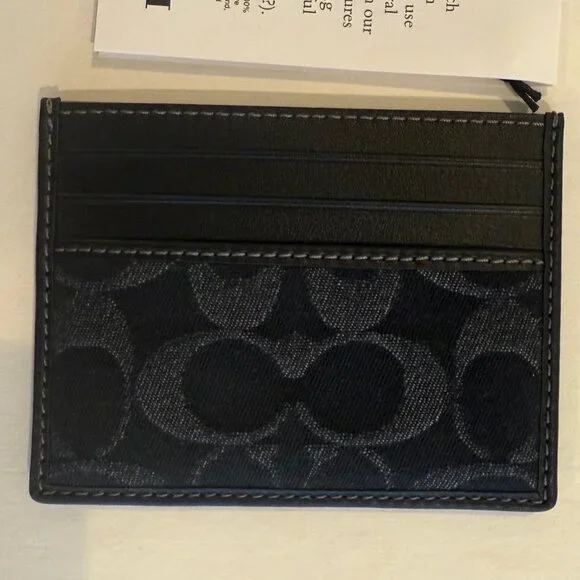 Coach Black Leather Signature C Denim SLIM ID Card Case Wallet CAJ47 - Picture 1 of 15